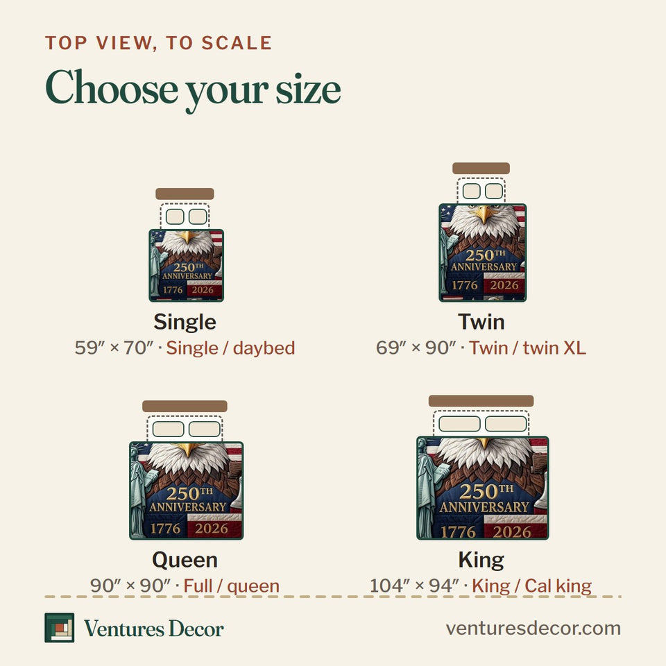 Size guide for the Heritage Patch Statue Bell And Stripes quilt, top view to scale: Single 59 x 70 in, Twin 69 x 90 in, Queen 90 x 90 in, King 104 x 94 in