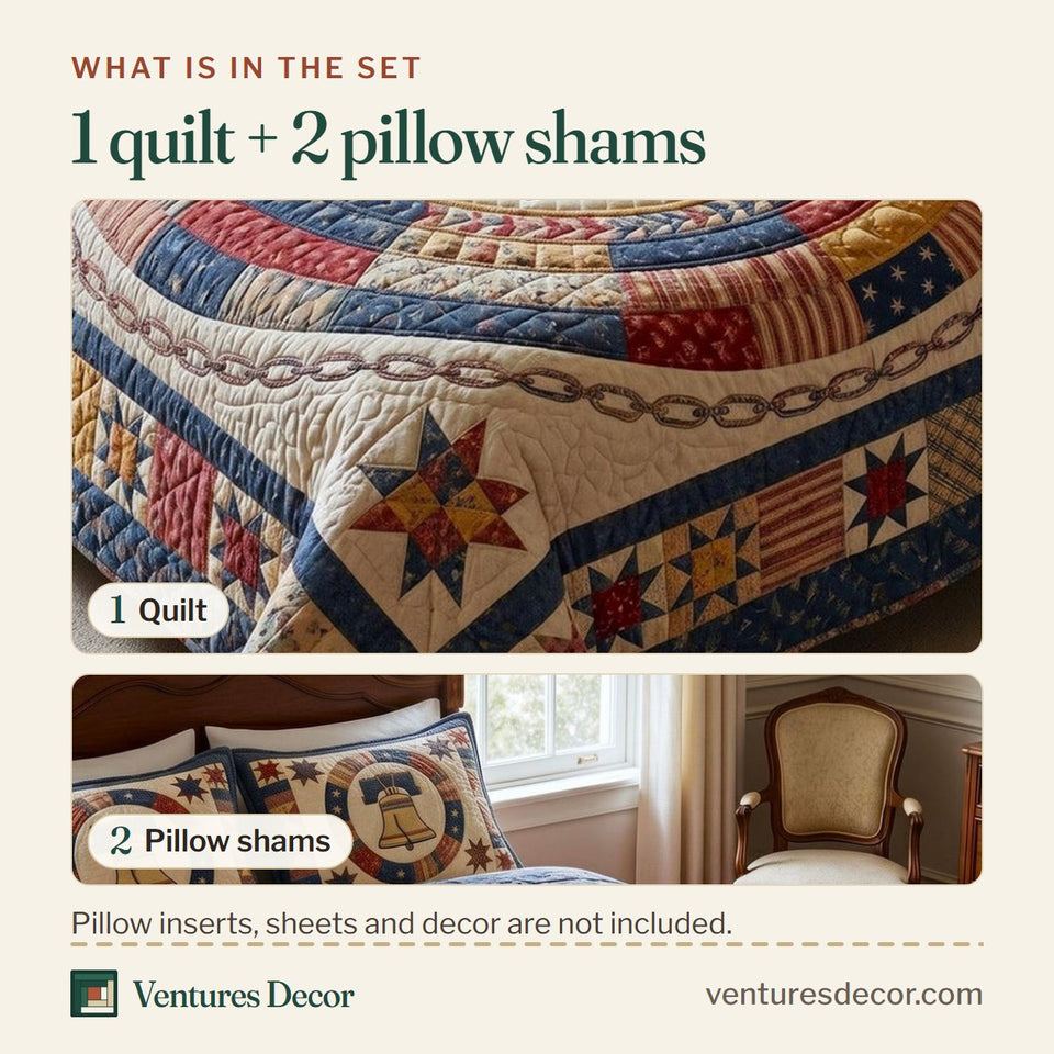 What is in the set: one quilt and two pillow shams, shown in the Heritage Patch Wreath Medallion Bell design