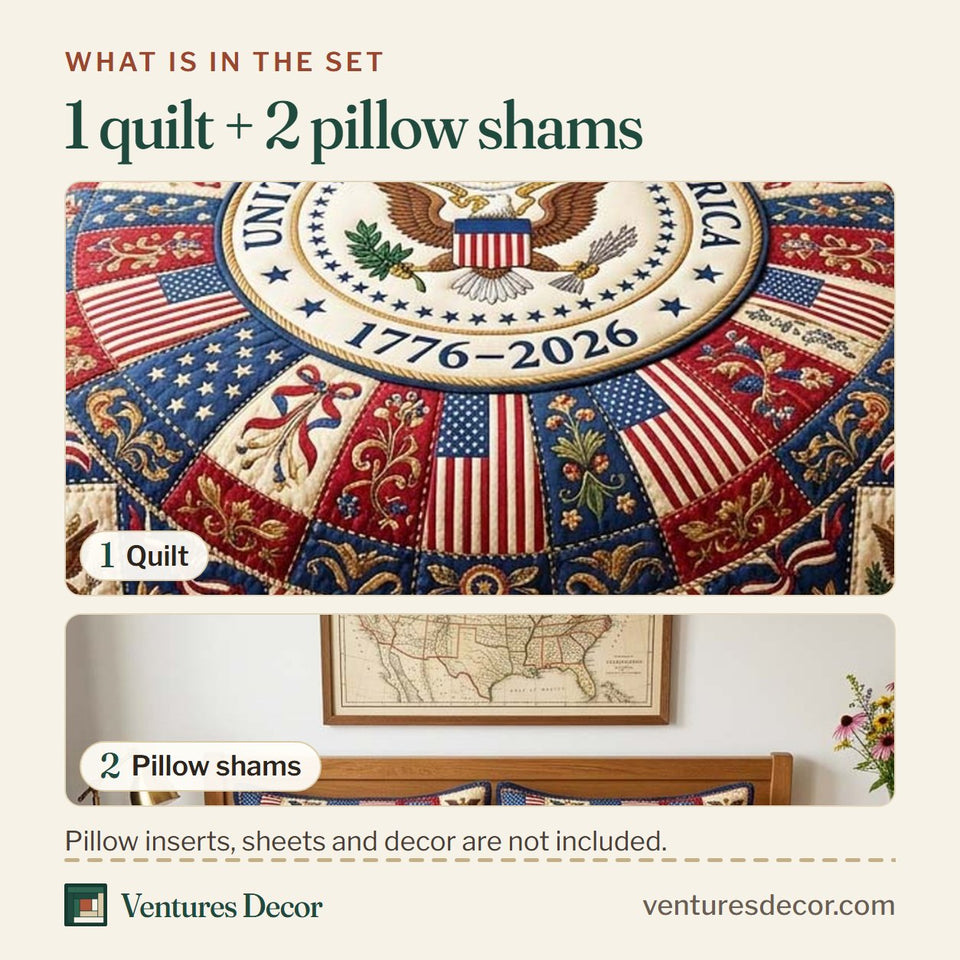 What is in the set: one quilt and two pillow shams, shown in the Heritage Seal design