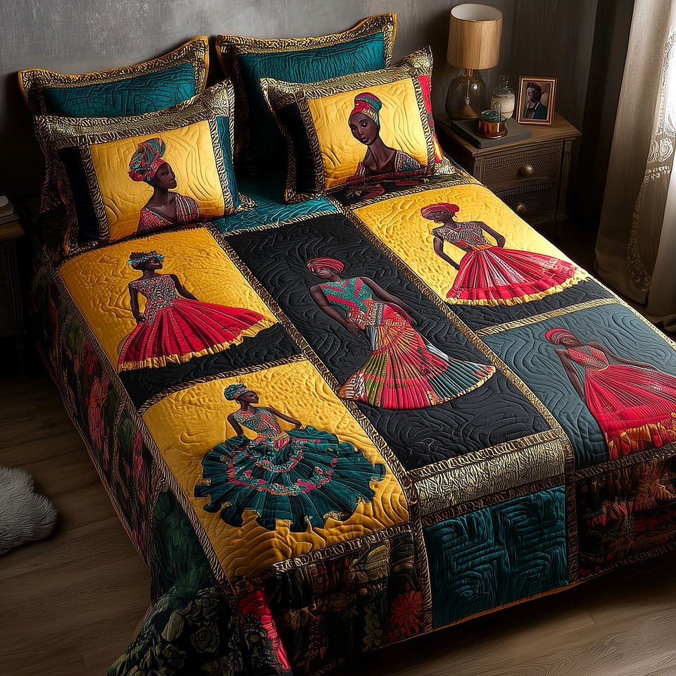 Heritage Soul Bold Block Dancers quilted bedding set, quilt and two pillow shams on a made bed