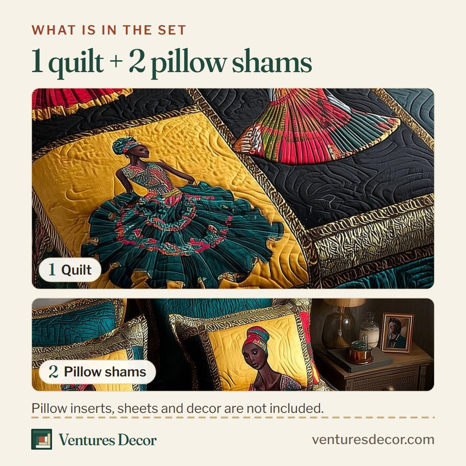 What is in the set: one quilt and two pillow shams, shown in the Heritage Soul Bold Block Dancers design