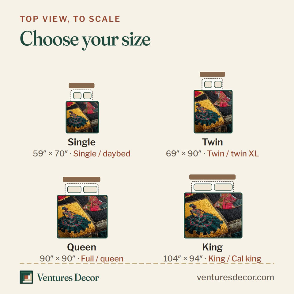 Size guide for the Heritage Soul Bold Block Dancers quilt, top view to scale: Single 59 x 70 in, Twin 69 x 90 in, Queen 90 x 90 in, King 104 x 94 in