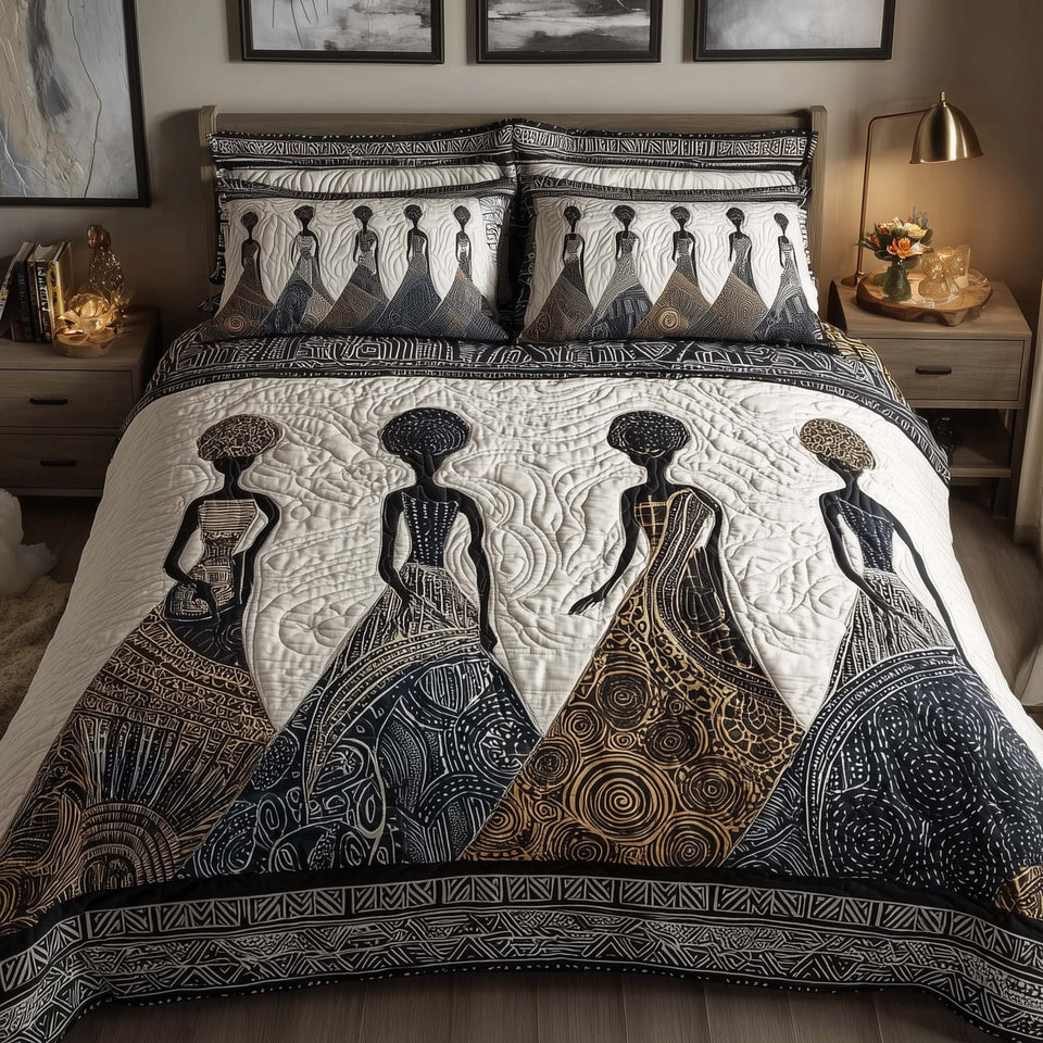 Heritage Soul White Ground Vessel Bearers quilted bedding set, quilt and two pillow shams on a made bed