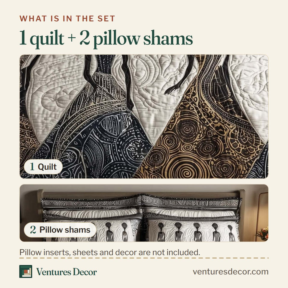 What is in the set: one quilt and two pillow shams, shown in the Heritage Soul White Ground Vessel Bearers design