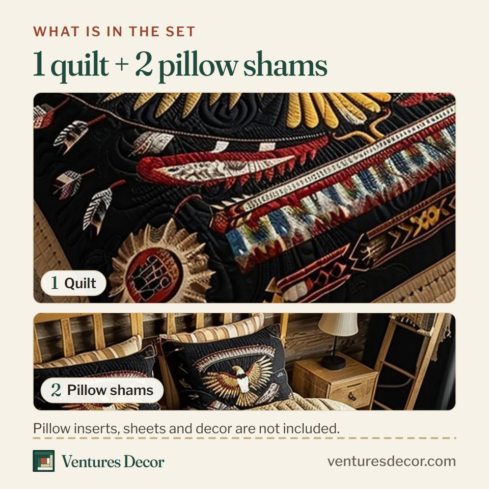 What is in the set: one quilt and two pillow shams, shown in the Heroic Soar Eagle design