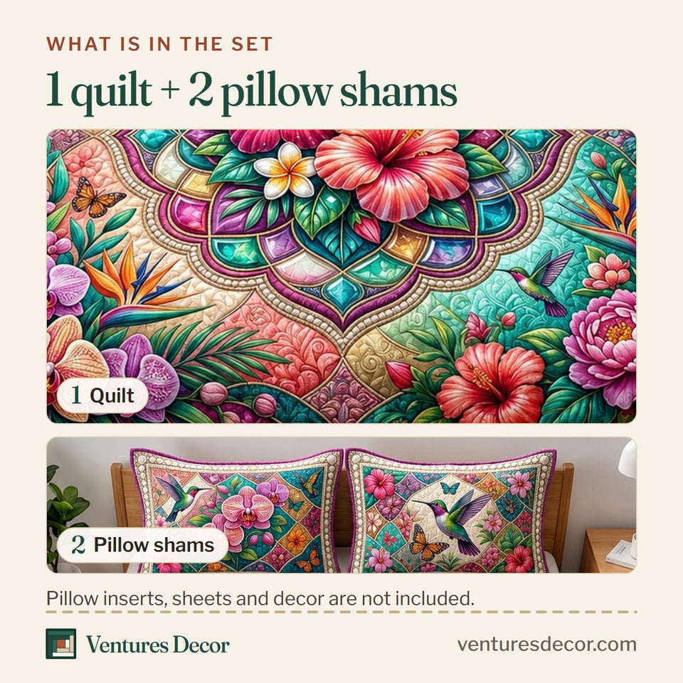What is in the set: one quilt and two pillow shams, shown in the Hibiscus Jewel Mandala design