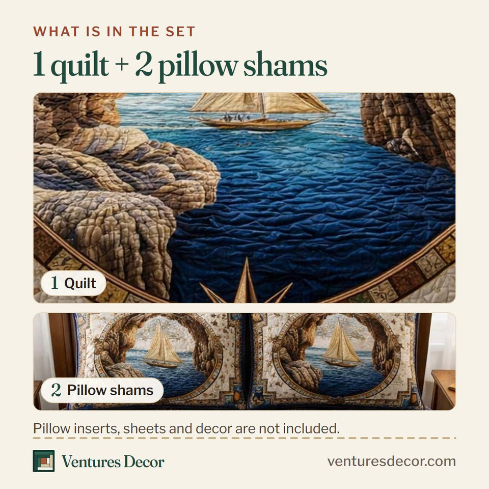 What is in the set: one quilt and two pillow shams, shown in the Hidden Cove design