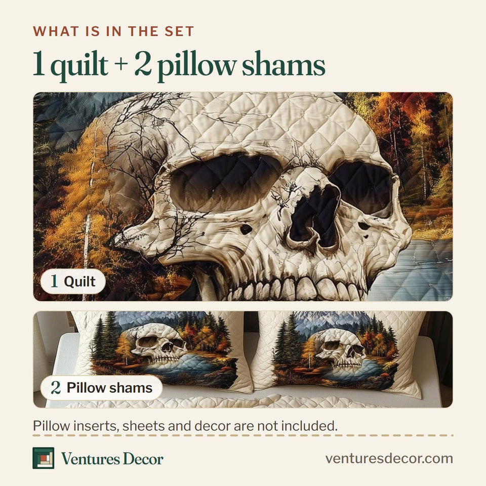 What is in the set: one quilt and two pillow shams, shown in the Hidden Skull Valley design
