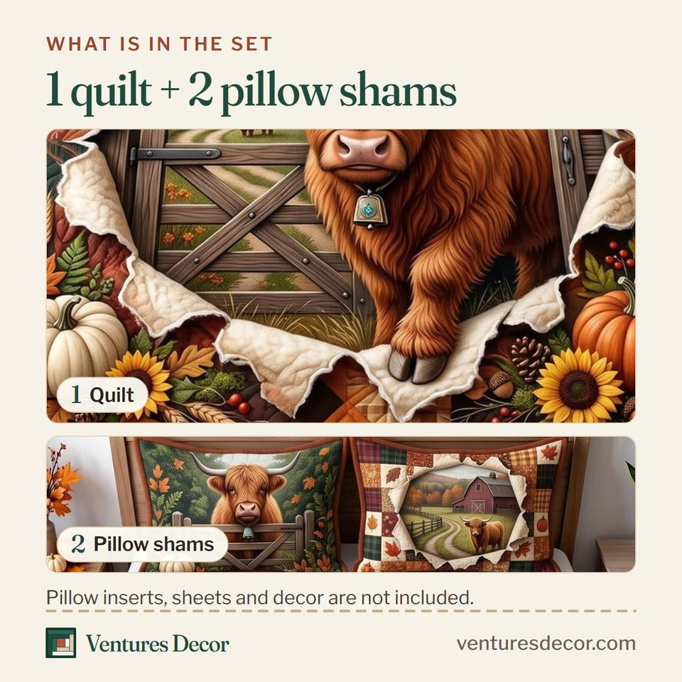 What is in the set: one quilt and two pillow shams, shown in the Highland Autumn design