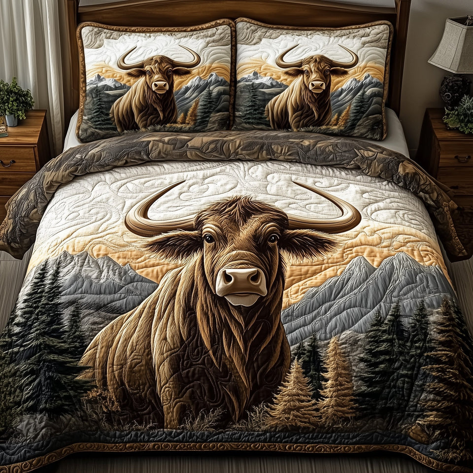 Highland Bull Dawn quilted bedding set, quilt and two pillow shams on a made bed