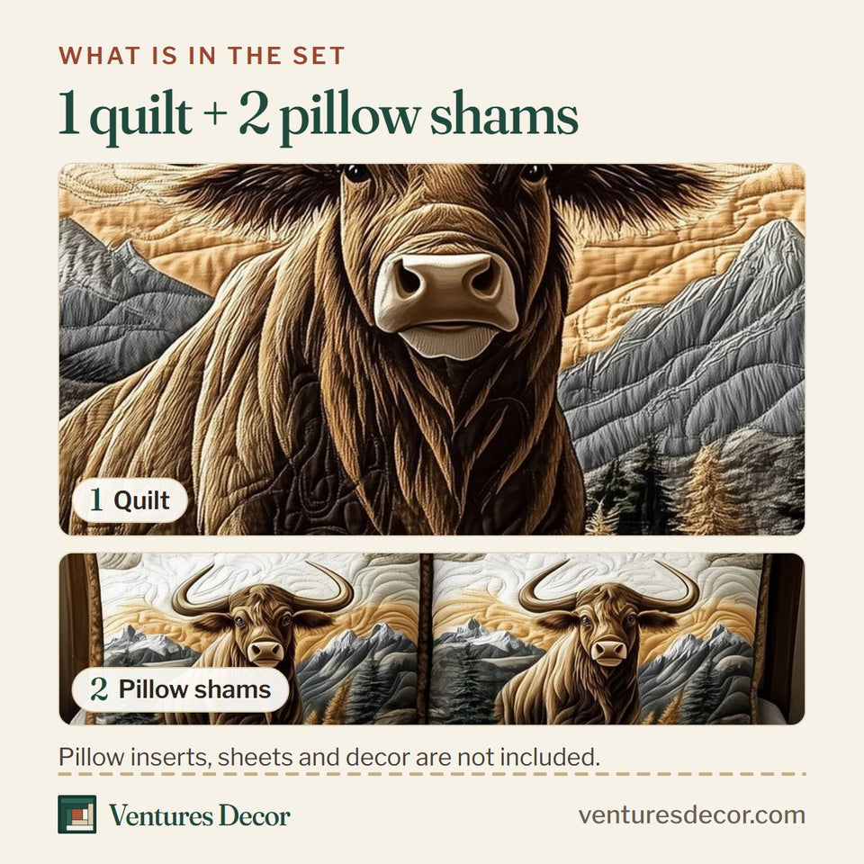 What is in the set: one quilt and two pillow shams, shown in the Highland Bull Dawn design