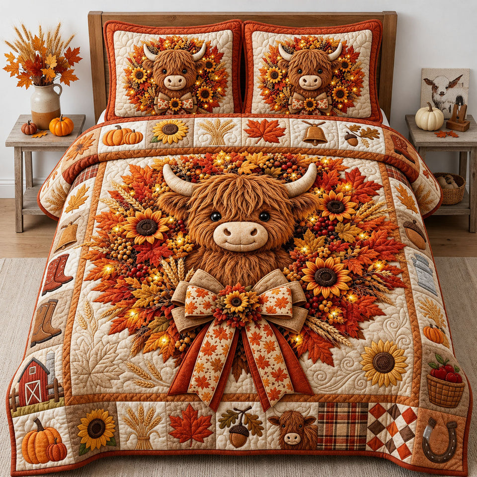 Highland Cow Fall Wreath quilted bedding set, quilt and two pillow shams on a made bed
