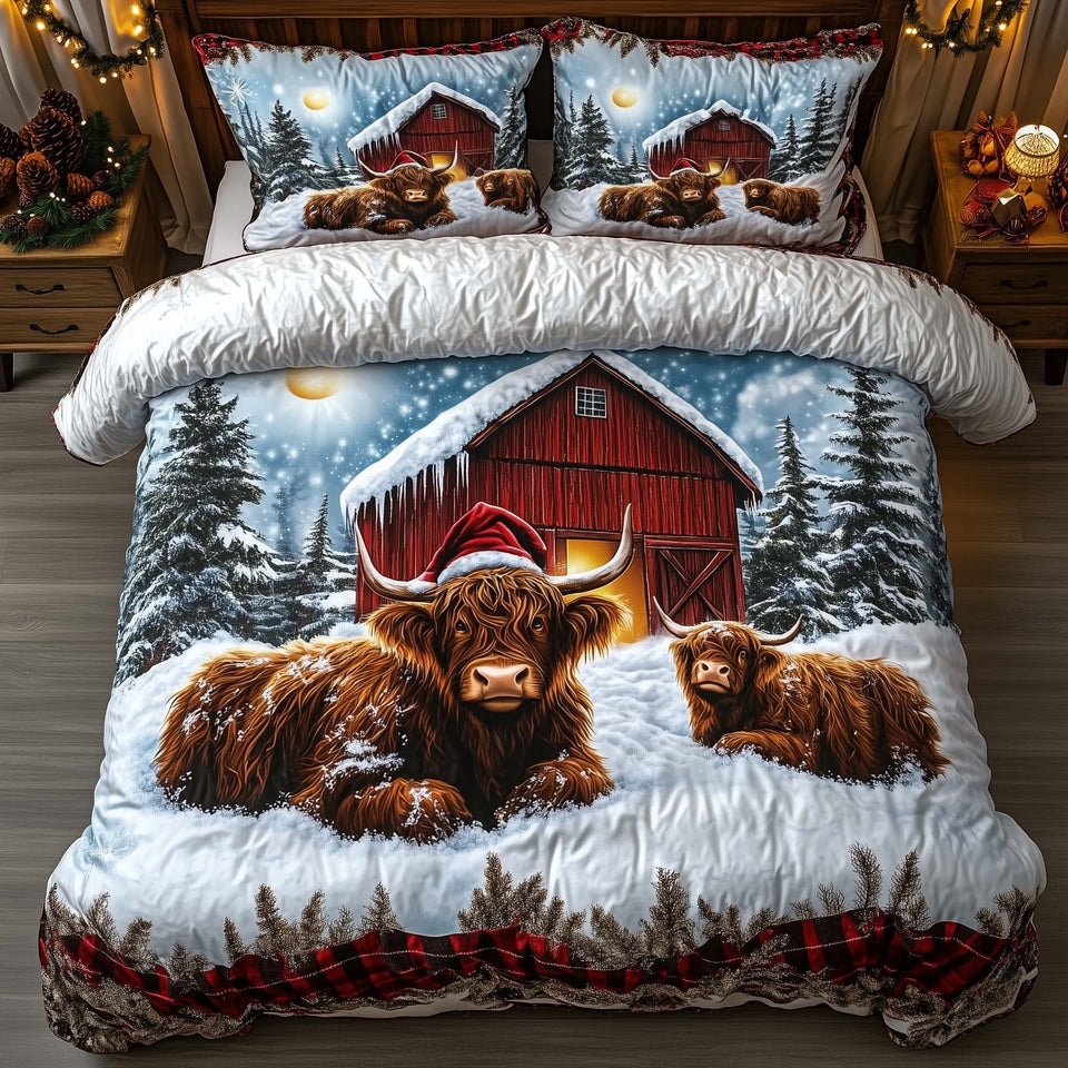 Highland Cow Red Barn Snowfall quilted bedding set, quilt and two pillow shams on a made bed