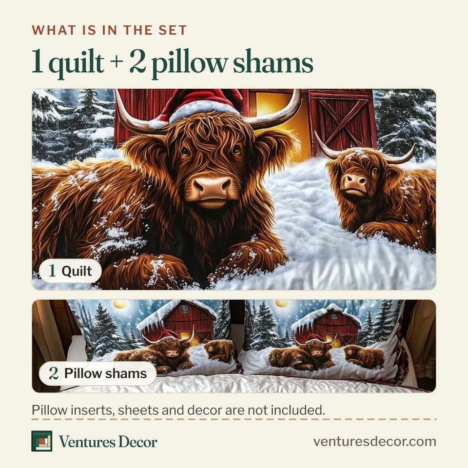 What is in the set: one quilt and two pillow shams, shown in the Highland Cow Red Barn Snowfall design