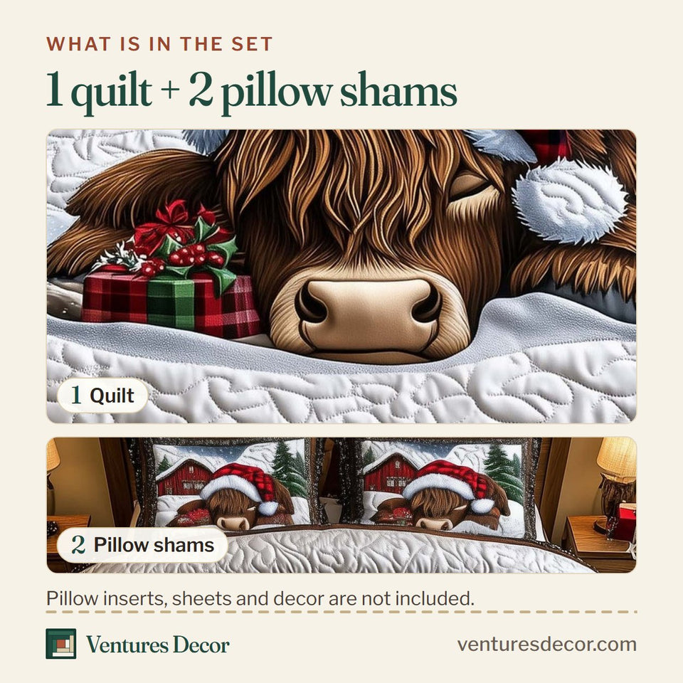 What is in the set: one quilt and two pillow shams, shown in the Highland Cow Winter Farmhouse design