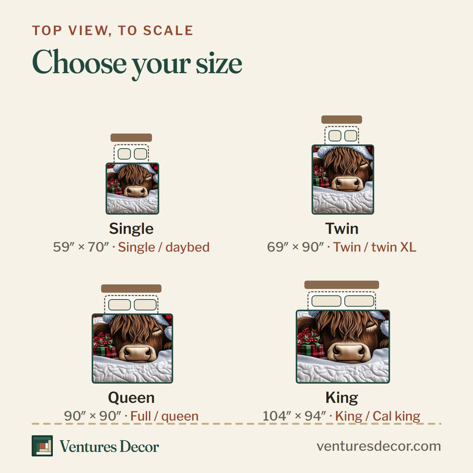 Size guide for the Highland Cow Winter Farmhouse quilt, top view to scale: Single 59 x 70 in, Twin 69 x 90 in, Queen 90 x 90 in, King 104 x 94 in