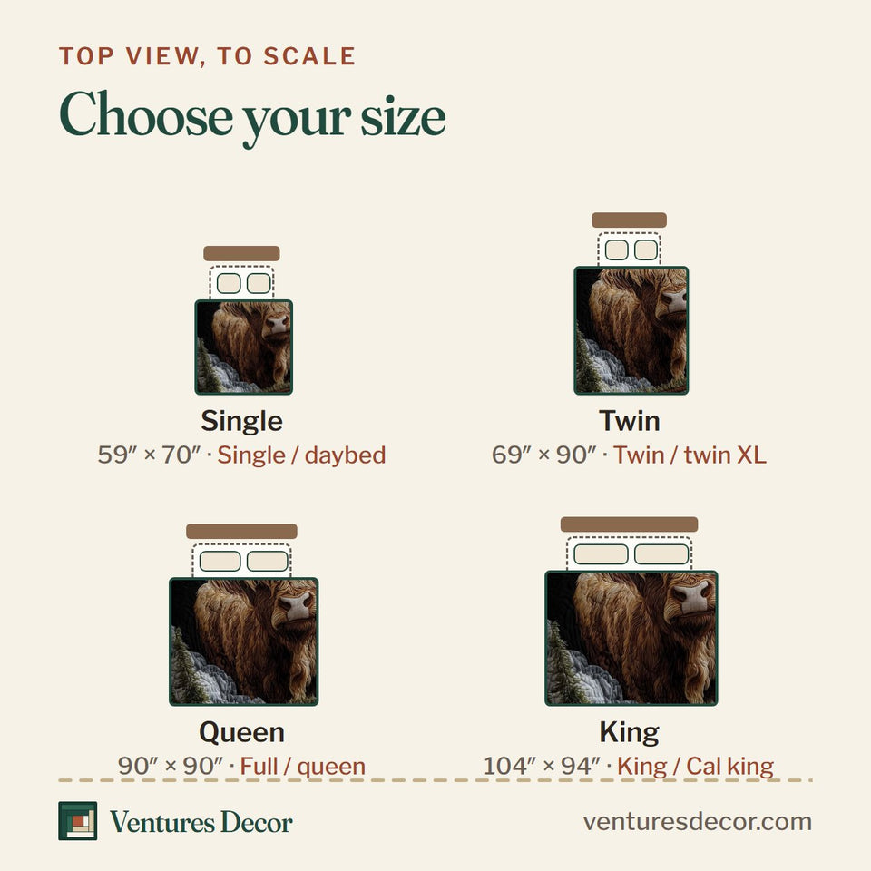 Size guide for the Highland Cow Winter Hollow quilt, top view to scale: Single 59 x 70 in, Twin 69 x 90 in, Queen 90 x 90 in, King 104 x 94 in