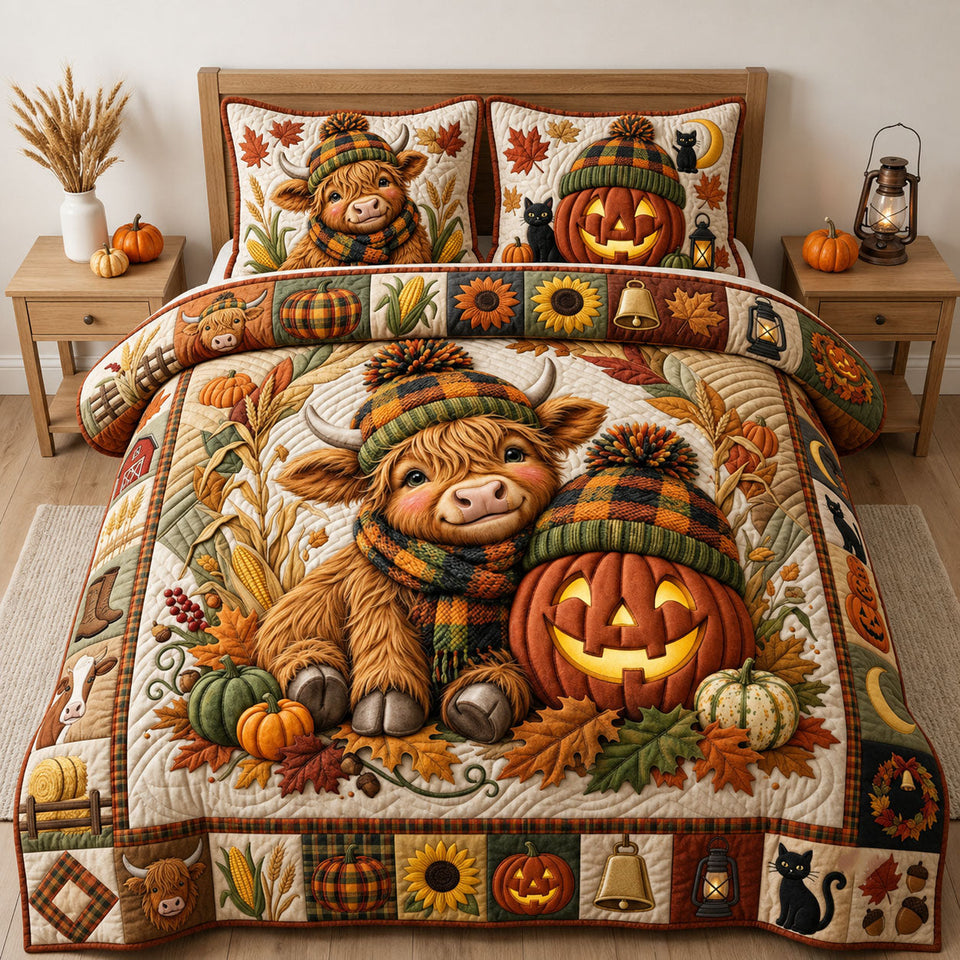 Highland Cow with Pumpkin quilted bedding set, quilt and two pillow shams on a made bed
