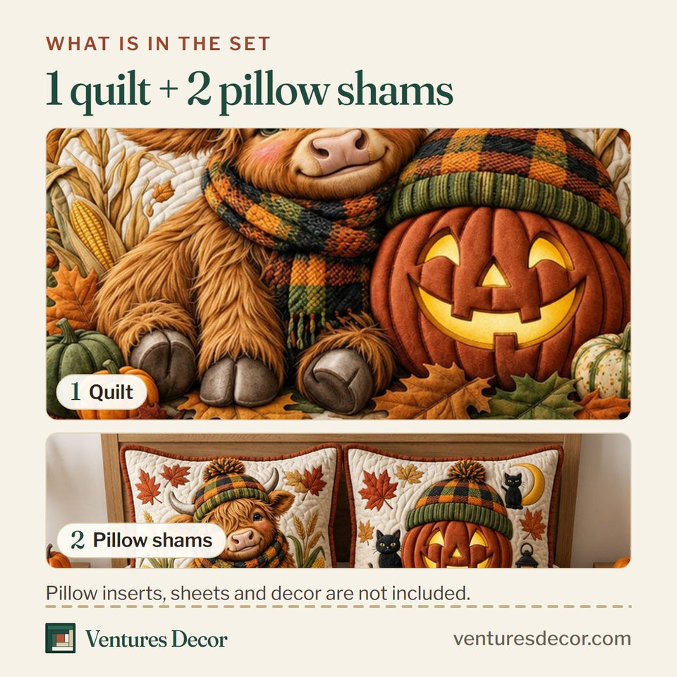What is in the set: one quilt and two pillow shams, shown in the Highland Cow with Pumpkin design