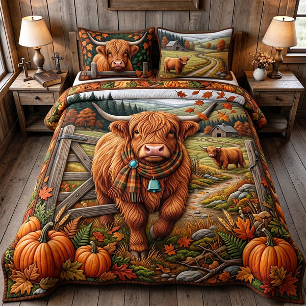 Highland Farm Autumn quilted bedding set, quilt and two pillow shams on a made bed