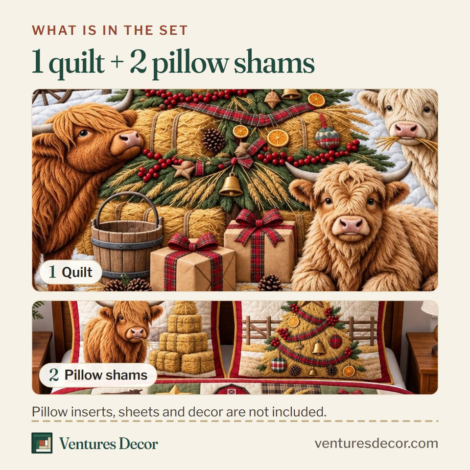 What is in the set: one quilt and two pillow shams, shown in the Highland Farm design