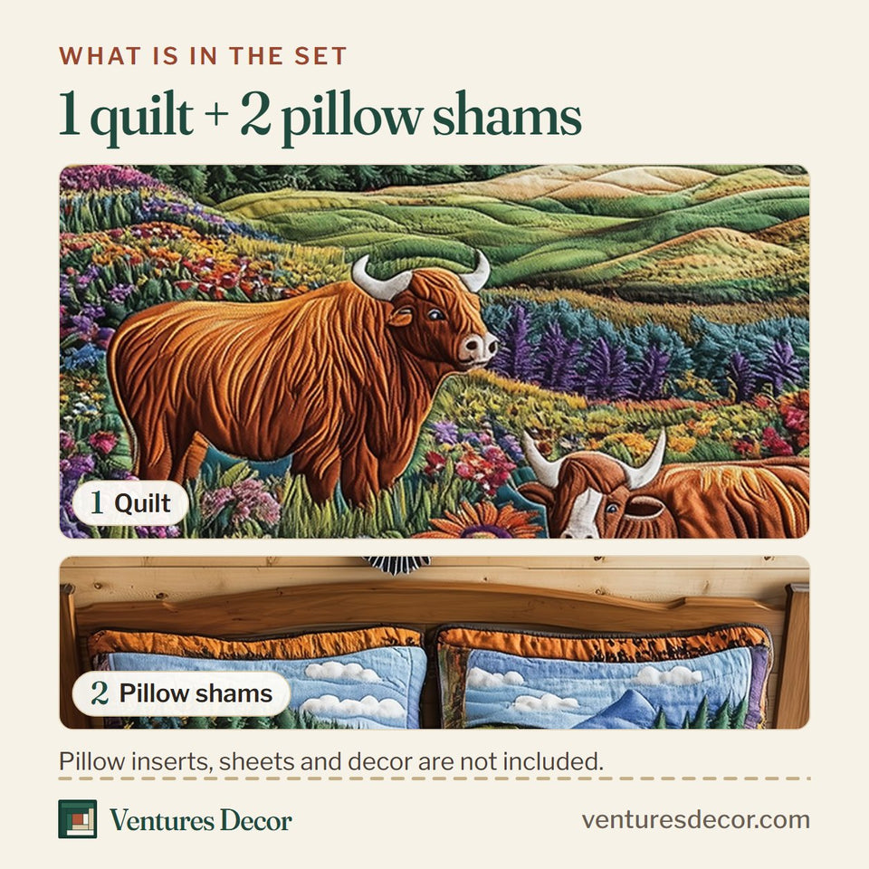 What is in the set: one quilt and two pillow shams, shown in the Highland Pasture Duo design