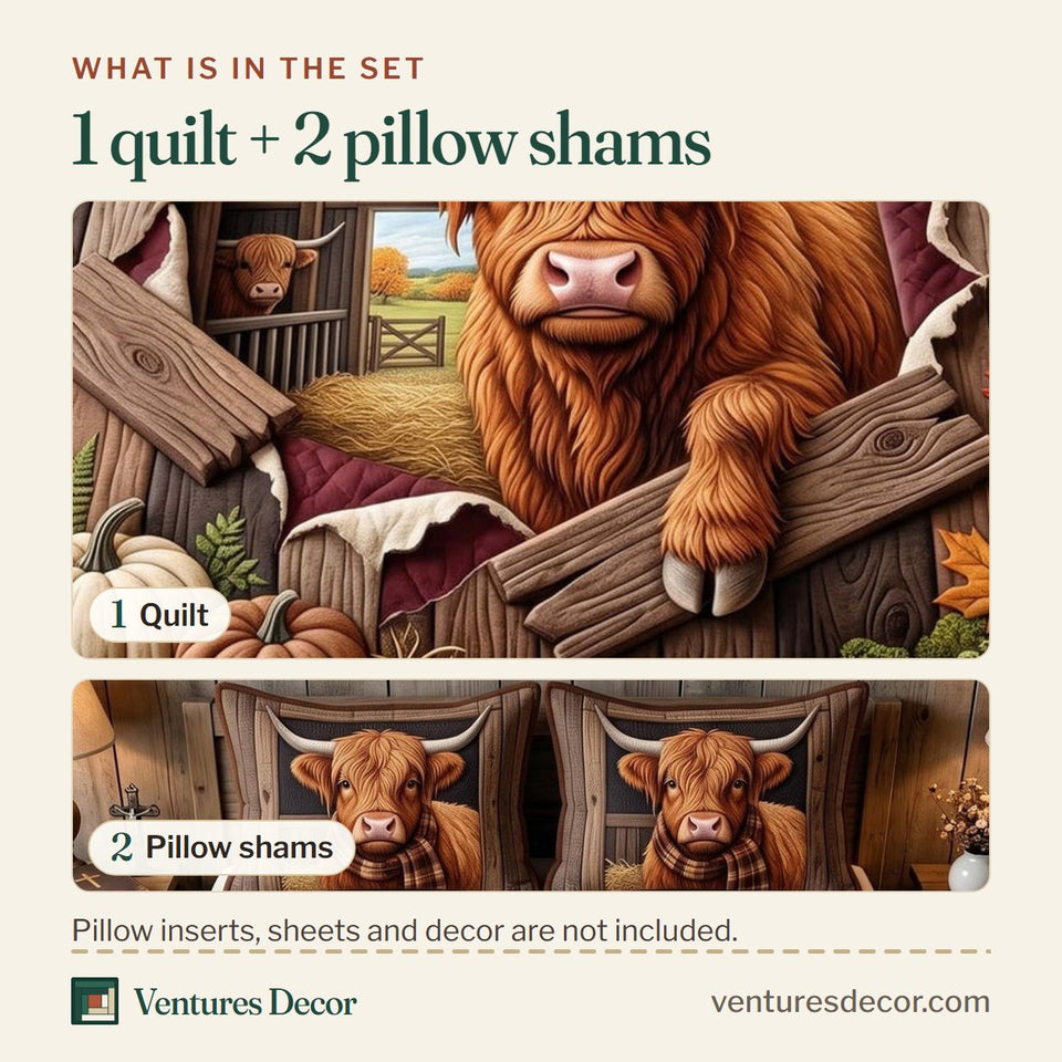 What is in the set: one quilt and two pillow shams, shown in the Highland Pumpkin design