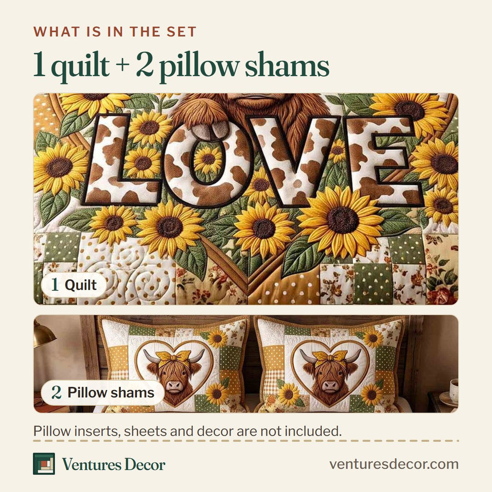 What is in the set: one quilt and two pillow shams, shown in the Highland Sunflower design