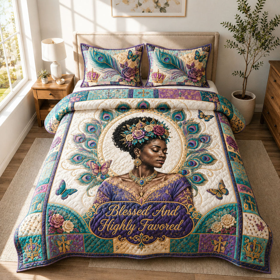 Highly Favored Peacock Grace quilted bedding set, quilt and two pillow shams on a made bed