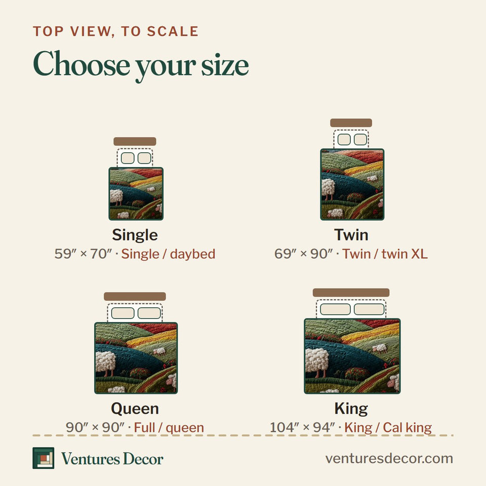 Size guide for the Hillside Serenity Sheep on the Green Slope quilt, top view to scale: Single 59 x 70 in, Twin 69 x 90 in, Queen 90 x 90 in, King 104 x 94 in