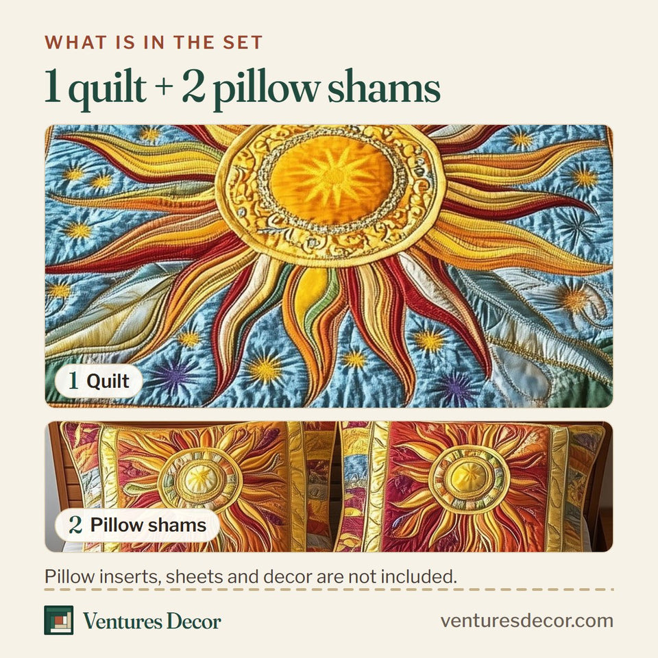 What is in the set: one quilt and two pillow shams, shown in the Hippie Sun Red Border Sun Face design