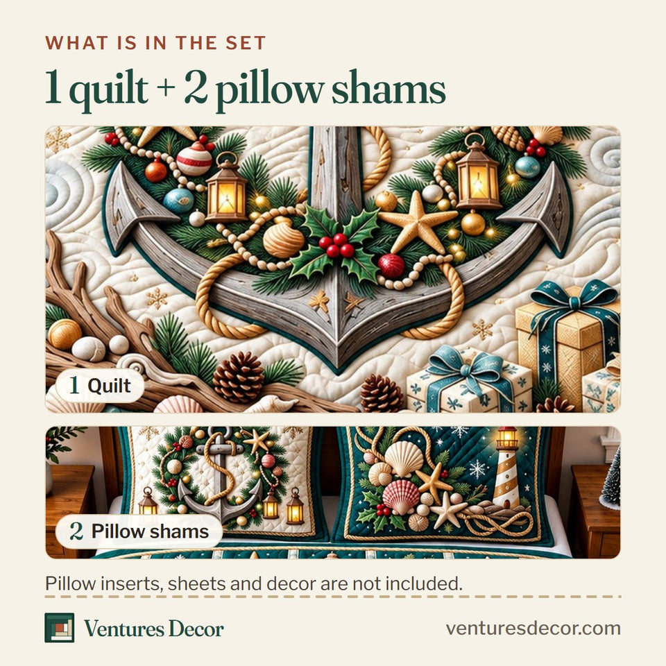 What is in the set: one quilt and two pillow shams, shown in the Holiday Anchor design