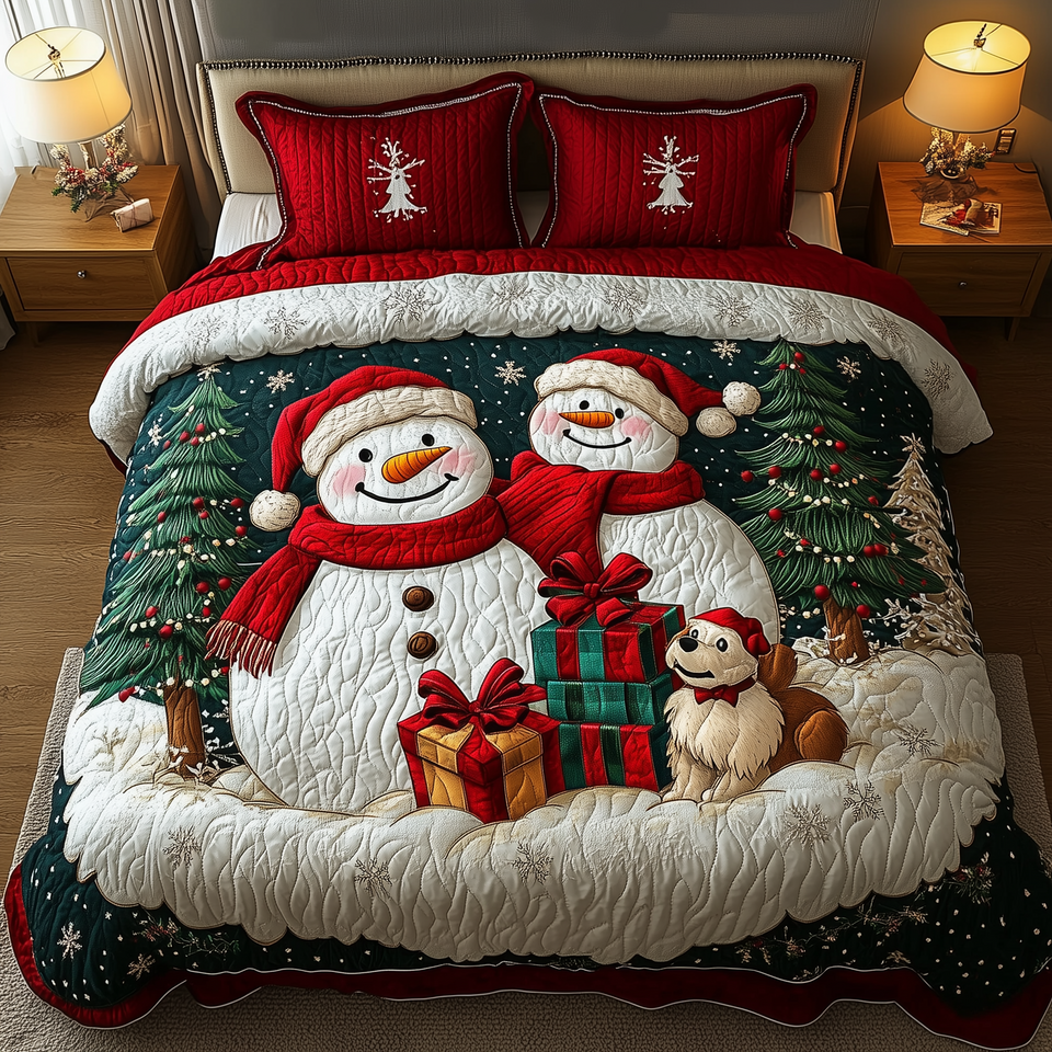 Holiday Cheerful Snowman Couple With Puppy quilted bedding set, quilt and two pillow shams on a made bed