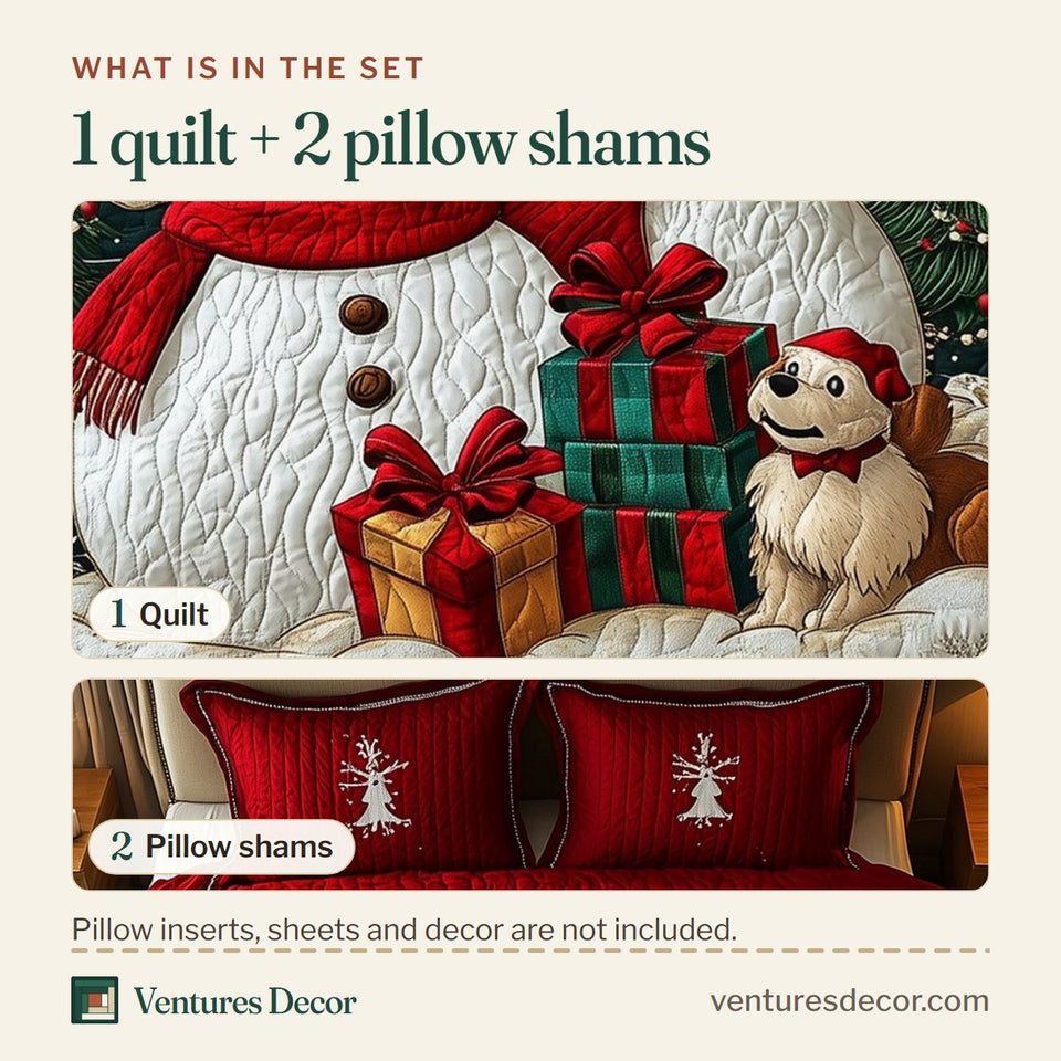 What is in the set: one quilt and two pillow shams, shown in the Holiday Cheerful Snowman Couple With Puppy design