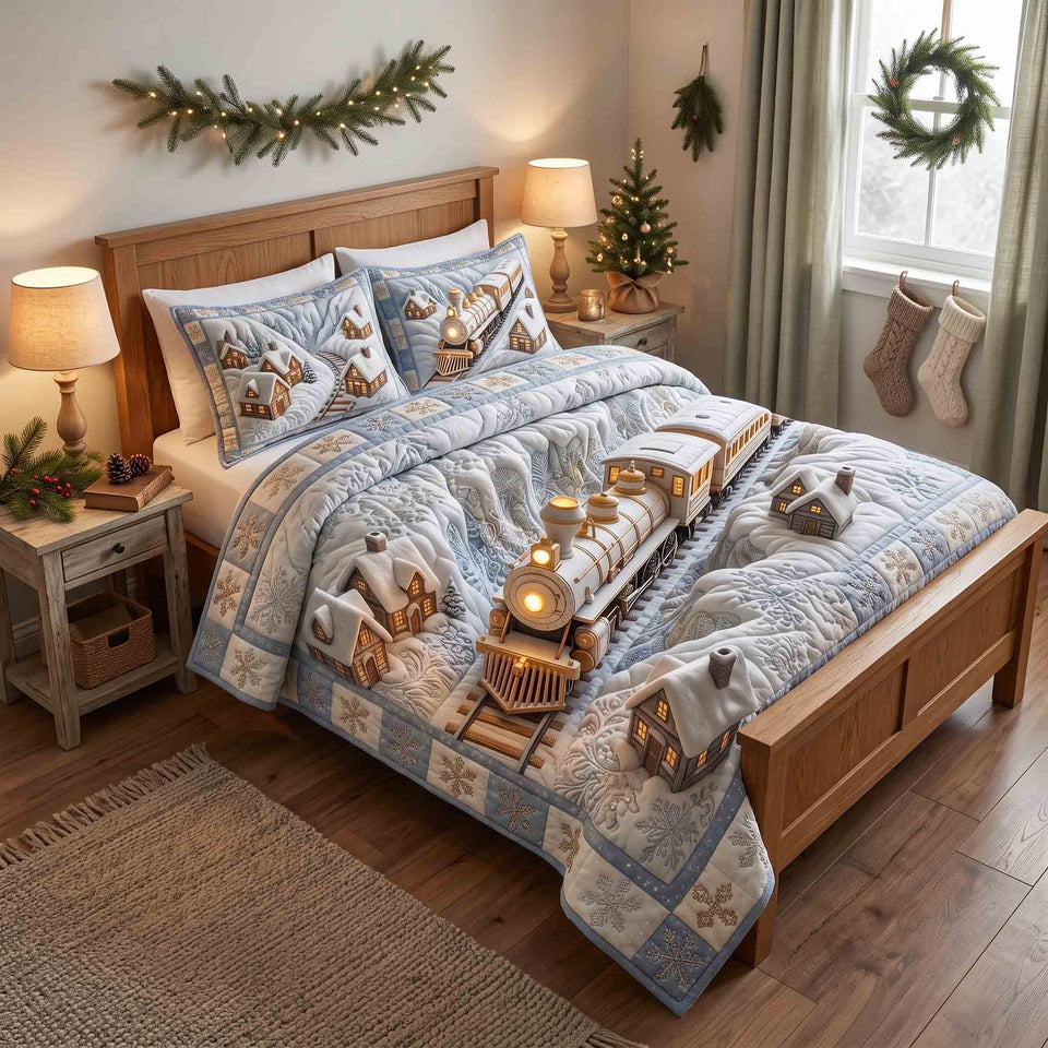 Holiday Express in Brown quilted bedding set, quilt and two pillow shams on a made bed