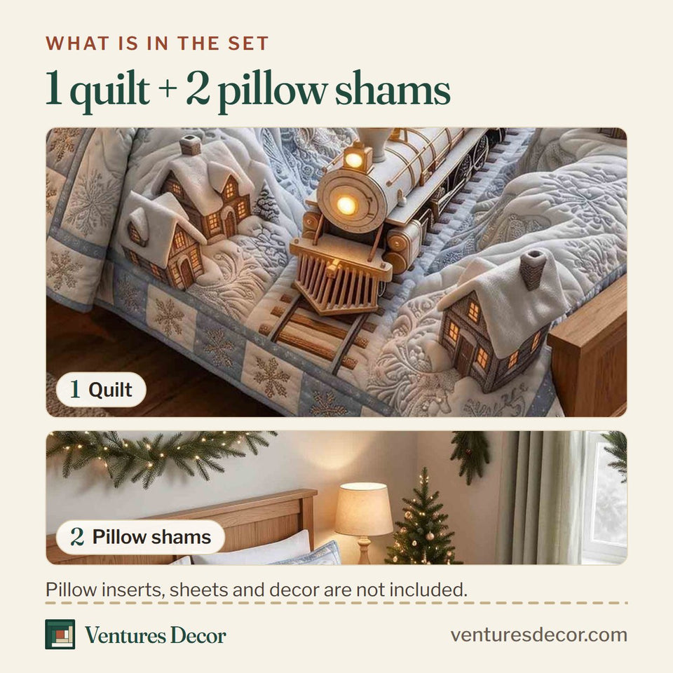 What is in the set: one quilt and two pillow shams, shown in the Holiday Express in Brown design