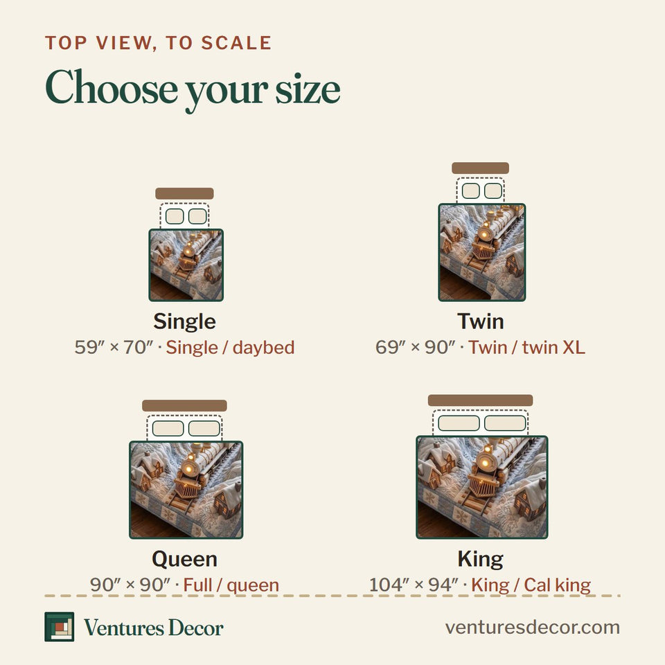 Size guide for the Holiday Express in Brown quilt, top view to scale: Single 59 x 70 in, Twin 69 x 90 in, Queen 90 x 90 in, King 104 x 94 in