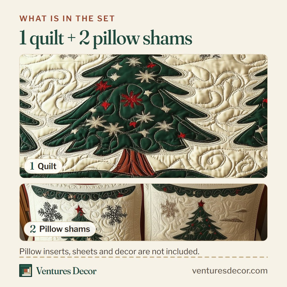 What is in the set: one quilt and two pillow shams, shown in the Holiday Forest Three Green Trees design