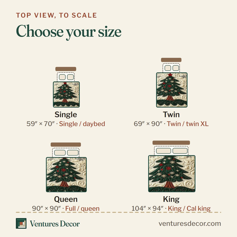 Size guide for the Holiday Forest Three Green Trees quilt, top view to scale: Single 59 x 70 in, Twin 69 x 90 in, Queen 90 x 90 in, King 104 x 94 in