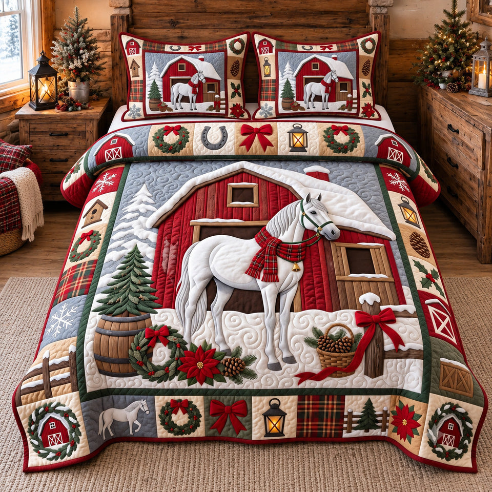 Holiday Horse Animal quilted bedding set, quilt and two pillow shams on a made bed