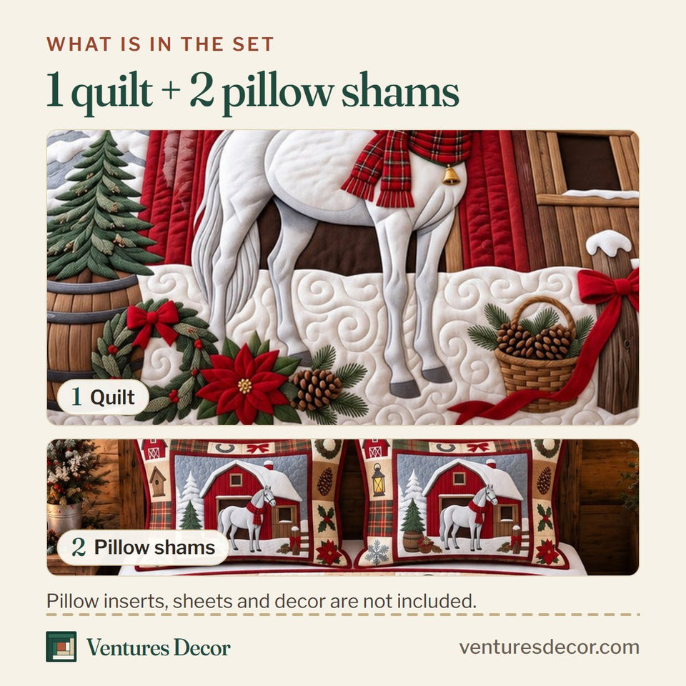 What is in the set: one quilt and two pillow shams, shown in the Holiday Horse Animal Quilt Set, 3-Piece Quilted Bedding with 2 Pillow Shams design