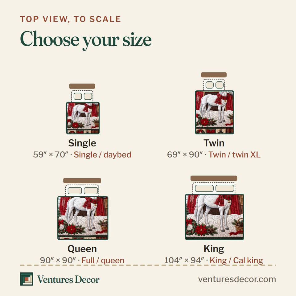 Size guide for the Holiday Horse Animal Quilt Set, 3-Piece Quilted Bedding with 2 Pillow Shams quilt, top view to scale: Single 59 x 70 in, Twin 69 x 90 in, Queen 90 x 90 in, King 104 x 94 in