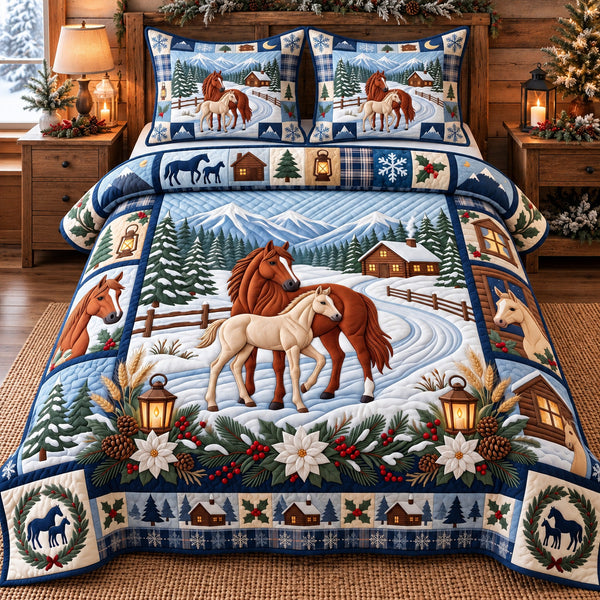 Holiday Horses Animal quilted bedding set, quilt and two pillow shams on a made bed
