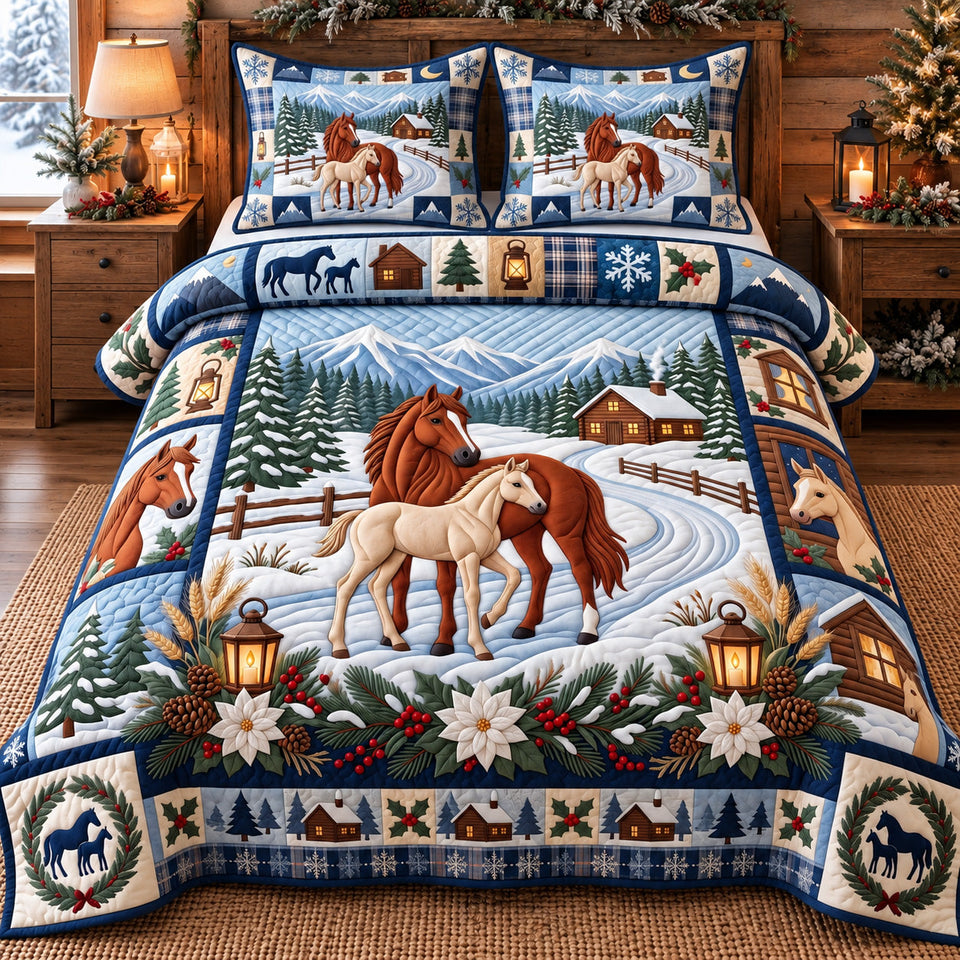 Holiday Horses Animal quilted bedding set, quilt and two pillow shams on a made bed