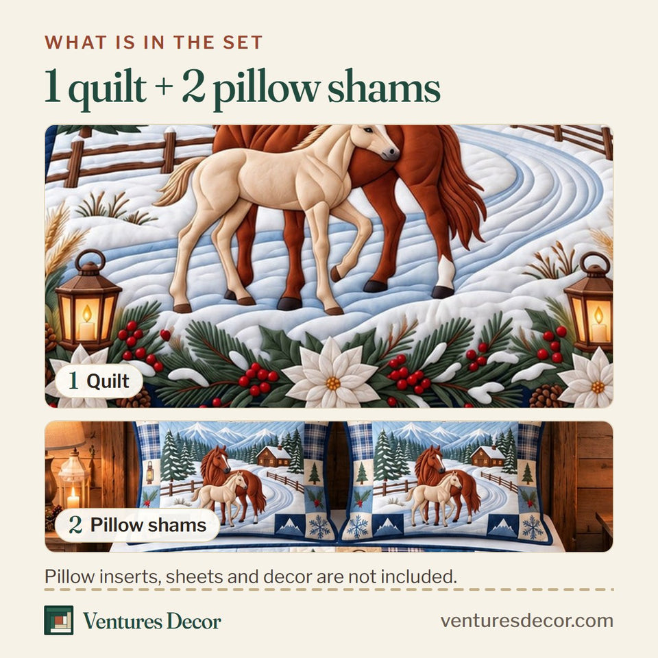What is in the set: one quilt and two pillow shams, shown in the Holiday Horses Animal Quilt Set, 3-Piece Quilted Bedding with 2 Pillow Shams design