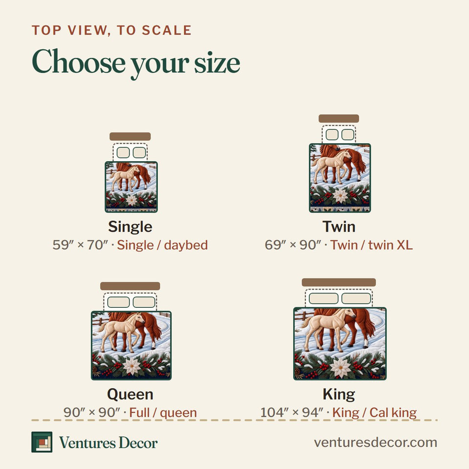 Size guide for the Holiday Horses Animal Quilt Set, 3-Piece Quilted Bedding with 2 Pillow Shams quilt, top view to scale: Single 59 x 70 in, Twin 69 x 90 in, Queen 90 x 90 in, King 104 x 94 in