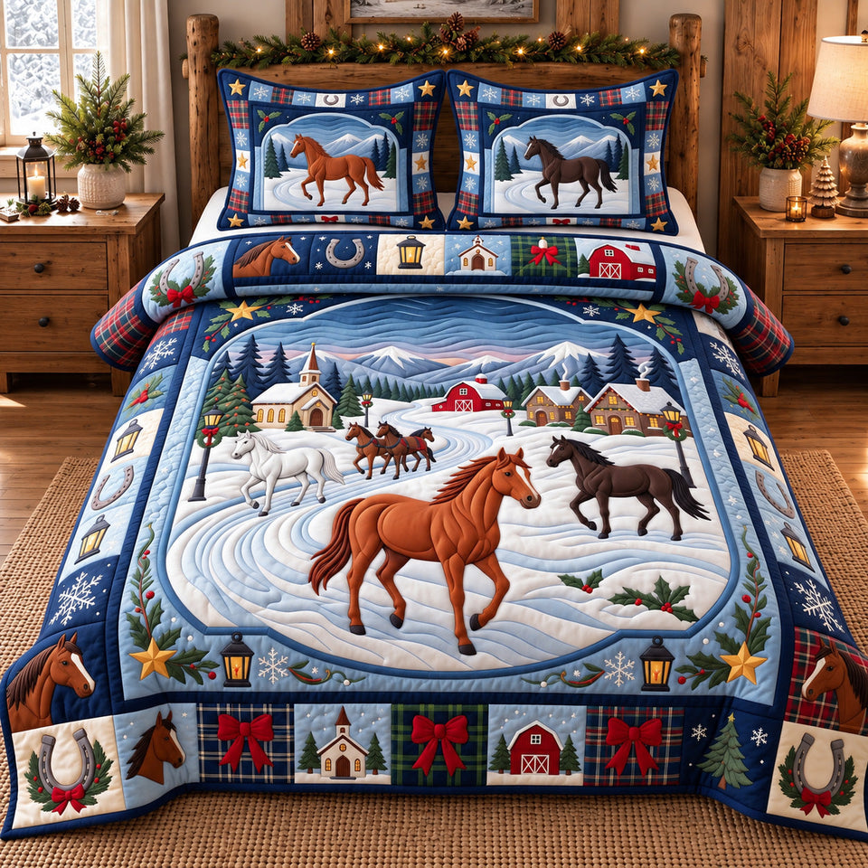Holiday Horses quilted bedding set, quilt and two pillow shams on a made bed