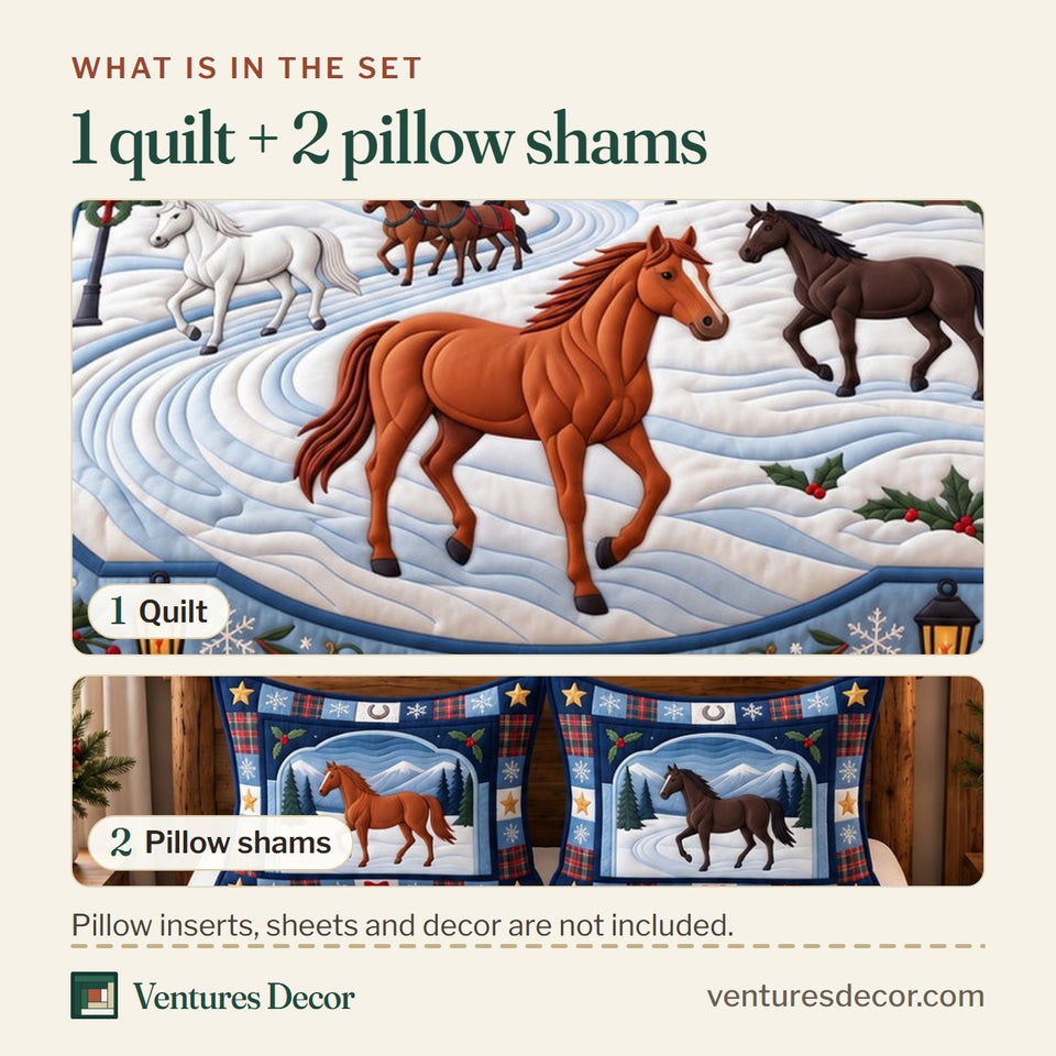 What is in the set: one quilt and two pillow shams, shown in the Holiday Horses Quilt Set, 3-Piece Quilted Bedding with 2 Pillow Shams design