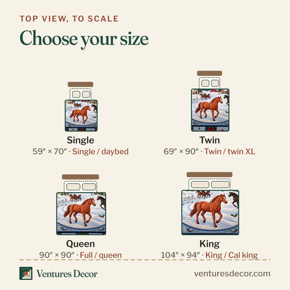 Size guide for the Holiday Horses Quilt Set, 3-Piece Quilted Bedding with 2 Pillow Shams quilt, top view to scale: Single 59 x 70 in, Twin 69 x 90 in, Queen 90 x 90 in, King 104 x 94 in