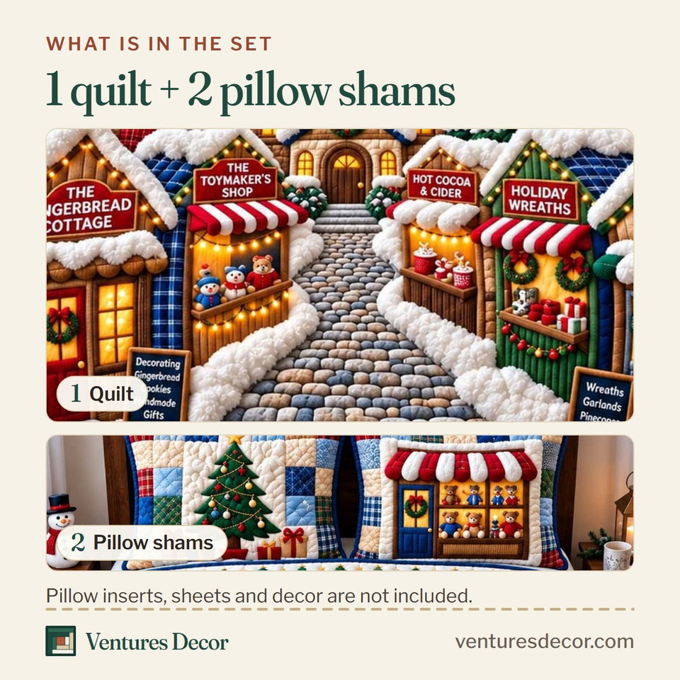 What is in the set: one quilt and two pillow shams, shown in the Holiday Market Village Quilt Set, 3-Piece Quilted Bedding with 2 Pillow Shams design